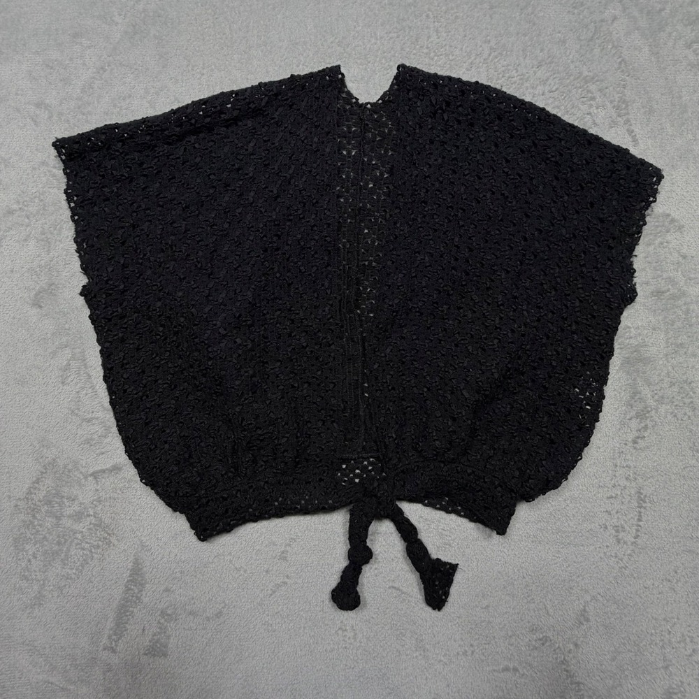 Unique Vintage 90s Black Crochet Ribbon Knit Shrug Tie Front Bolero One Size OS
